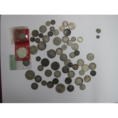 687 - An Interesting Collection of Mainly Silver Coins, to include Newfoundland 20 cents 1896,Swiss 2 Fran... 