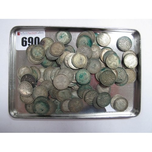 690 - In Excess of One Hundred Silver Threepences, Queen Victoria and Later, all from circulation.