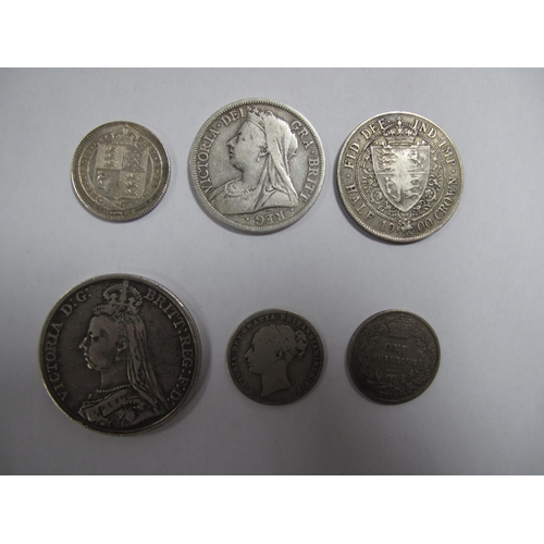 712 - Six Queen Victoria United Kingdom Silver Coins, including Crown 1890 (JH), Halfcrown 1899, 1900, One... 