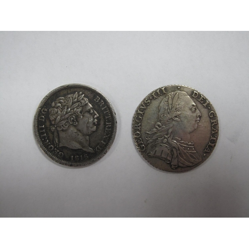 726 - Two George III Silver Shillings, 1787, 1816.