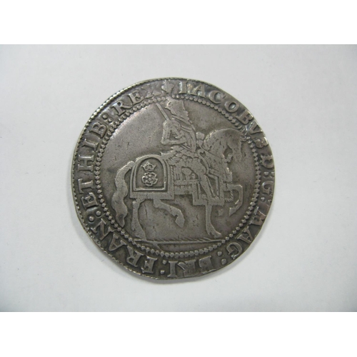 799 - James I Silver Crown (1603-1625), obverse: James I on Horseback, reverse: Royal Arms in Shield (29.6... 