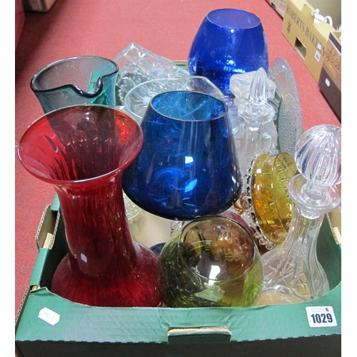 1029 - Glass Decanters, water jug, blue glass brandy glasses, vase etc:- One Box