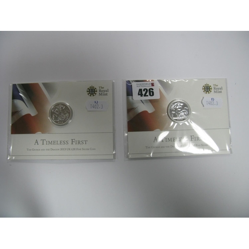 426 - Two The Royal Mint 'A Timeless First' The George And The Dragon 2013 UK £20 Fine Silver Coins.