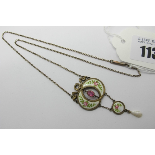 113 - An Early XX Century Gilt and Enamel Pendant, oval collet set to the centre, highlighted in pink and ... 