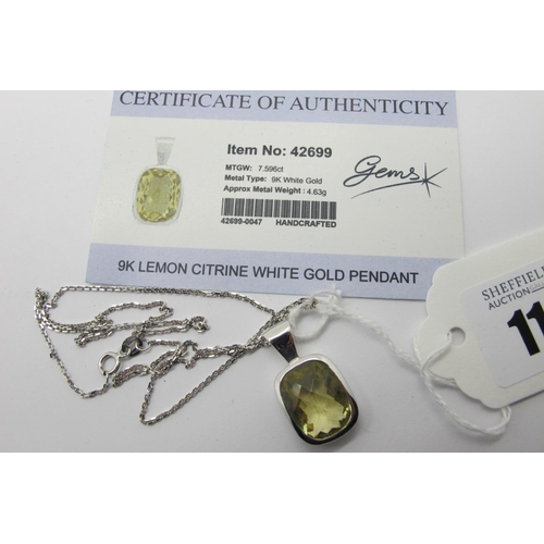 114 - A Modern 9ct White Gold Lemon Citrine Single Stone Pendant, (Gems TV Certificate of Authenticity), r... 
