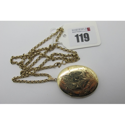 119 - A 9ct Gold Oval Locket Pendant, foliated engraved to the front (4.1cm long excluding suspension loop... 