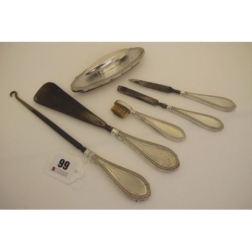 66 - A Matched Hallmarked Silver Handled Six Piece Set, HM, Birmingham 1927, 1928, with engine turned dec... 