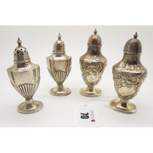 70 - A Decorative Pair of Hallmarked Silver Pepperettes, Birmingham 1911 (marks rubbed), each on oval spr... 
