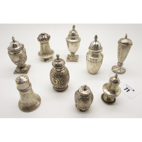 71 - A Collection of Nine Hallmarked Silver Pepperettes, (various makers/dates), tallest 9.2cm (damages) ... 