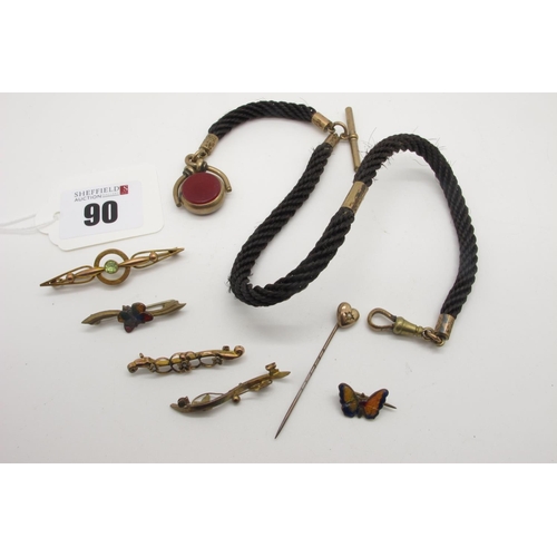 90 - A Victorian Hairwork Albert, with gilt mounts, suspending T-bar and swivel fob pendant, overall leng... 