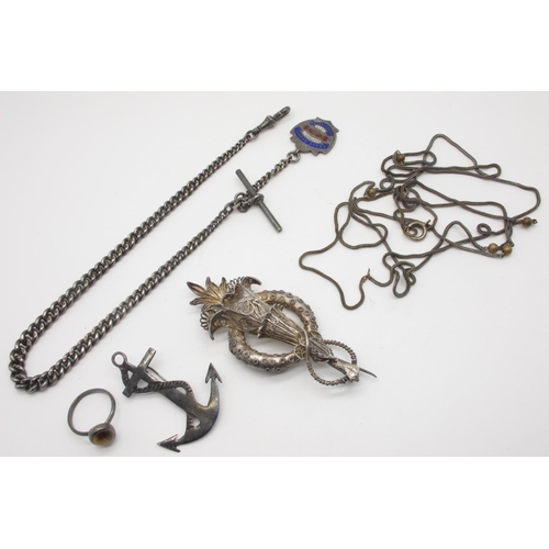 94 - Decorative Brooch, of foliate filigree and textured design, an anchor brooch; a graduated curb link ... 