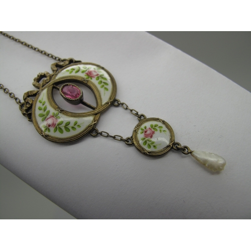 113 - An Early XX Century Gilt and Enamel Pendant, oval collet set to the centre, highlighted in pink and ... 