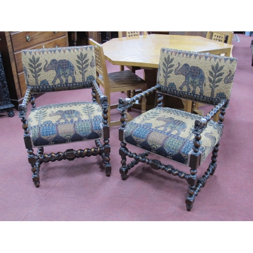 810 - A Pair of XVII Century Style Armchairs, with upholstered back panels and seats, barley twist arms wi... 