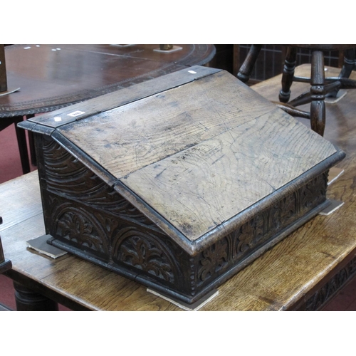 816 - A Late XVII Century Oak Bible Box, with sloping lid over three small drawers with carved frieze and ... 