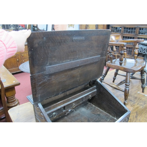 816 - A Late XVII Century Oak Bible Box, with sloping lid over three small drawers with carved frieze and ... 