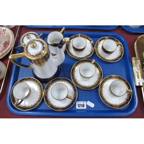 1218 - Noritake Coffee Service of Fifteen Pieces, circa 1920's decorated with deep blue bands and gilt work... 