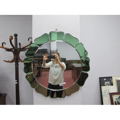 1596 - Art Deco Circular Wall Mirrror, with green petals to exterior, 60cm diameter.