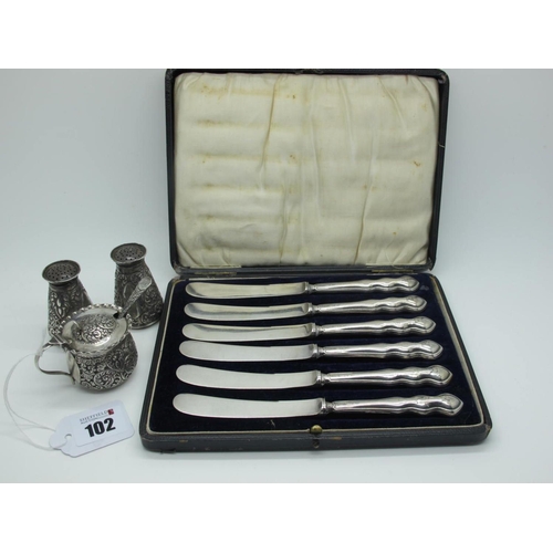 102 - A Victorian Hallmarked Silver Three Piece Cruet Set, HA, Sheffield 1889, each allover detailed in re... 