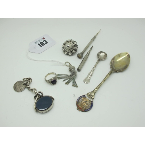 103 - A Hallmarked Silver Blue John Inset Ring, (finger size K) together with a circular brooch, of dome s... 