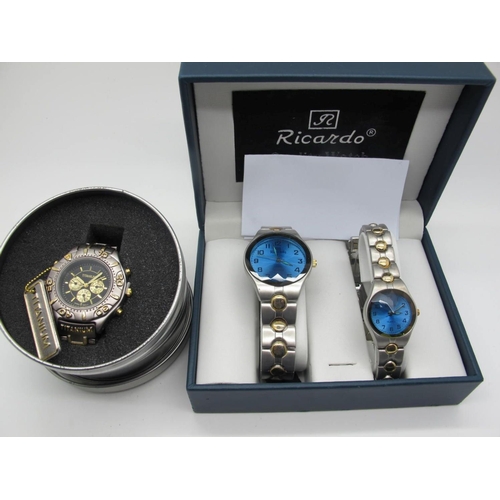 106 - A Ricardo Ladies and Gent's Matching Wristwatch Set, in box, together with a gent's titanium wristwa... 