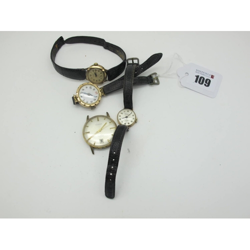 109 - A Vintage 9ct Gold Cased Ladies Wristwatch, with black and red Arabic numerals, further ladies wrist... 