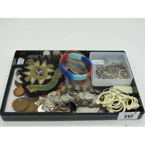 117 - Part Chains, (damages / incomplete), a Notts & Derby military cloth badge, copper bangle, coins, Fre... 