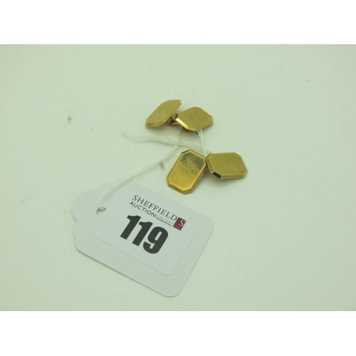 119 - A Pair of 9ct Gold Cufflinks, the plain bevelled rectangular panels on chain connections (total weig... 