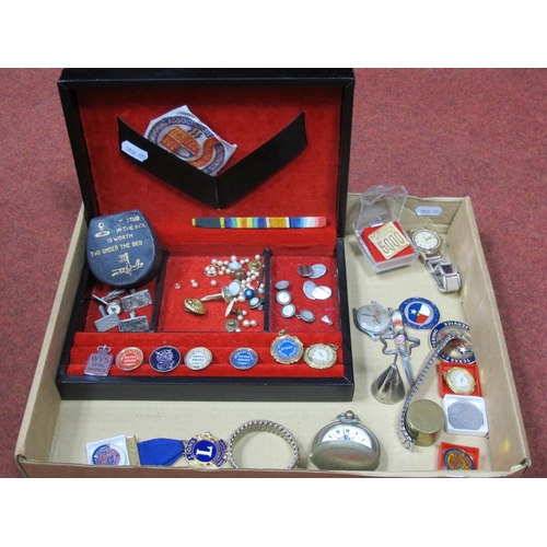 120 - Cufflinks, badges and medallion pendants, military ribbon bar, studs box, Ingersoll vintage gent's w... 