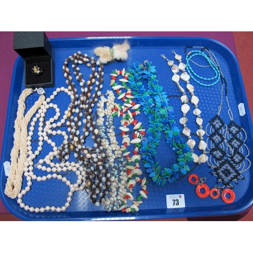 73 - Vintage Seed and Shell Necklaces, a blue and green plastic leaf necklace, butterfly brooch, dress ri... 