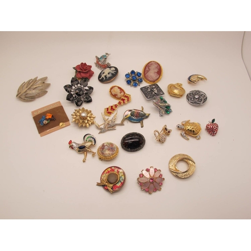 77 - Costume Brooches, including cockerel, turtle, cat, ship, cameo style, dress clips, etc.