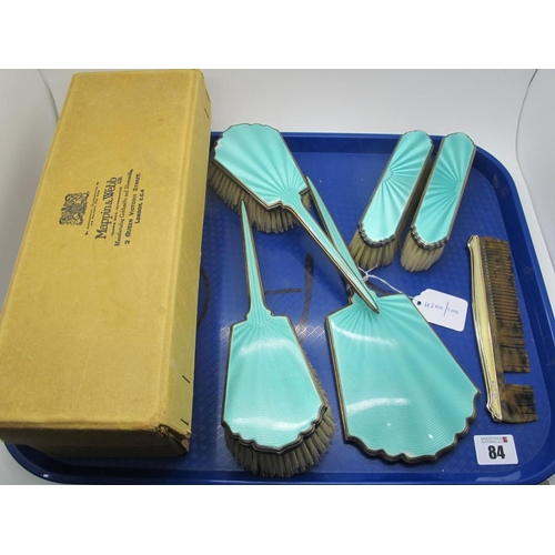 84 - A Hallmarked Silver Backed and Turquoise Enamel Five Piece Dressing Table Set, Mappin & Webb, Birmin... 