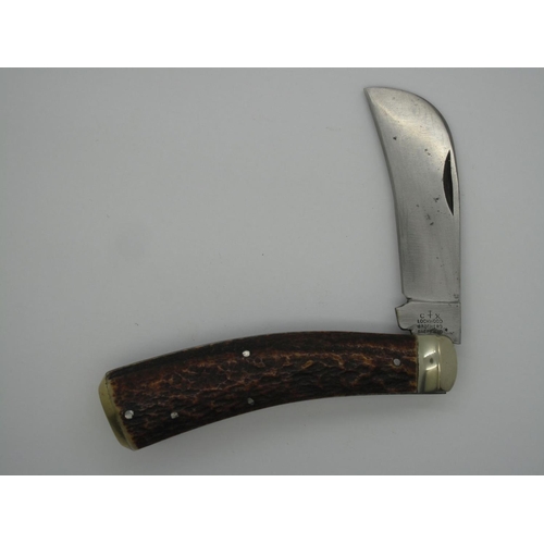 303 - Pocket Knife - Lockwood Brothers, Sheffield, Stag Handled Pruning Knife, with brass bolster and bras... 