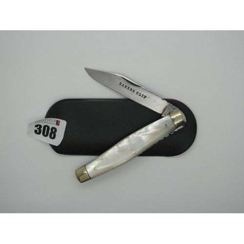 308 - Pocket Knife - Baker of Sydney, single blade, mother of pearl scales, brass bolsters and linings, wo... 