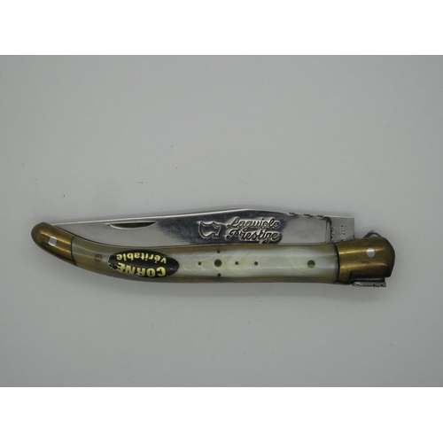 317 - Pocket Knife - Laguiole Prestige - 12027 Sandvik, with horn scales, brass bolsters and workback up t... 