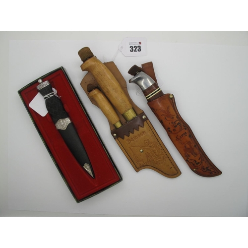 323 - Skinning Knives - Norwegian/Swedish knives, one single and a pair, both in leather sheaths; plus a S... 