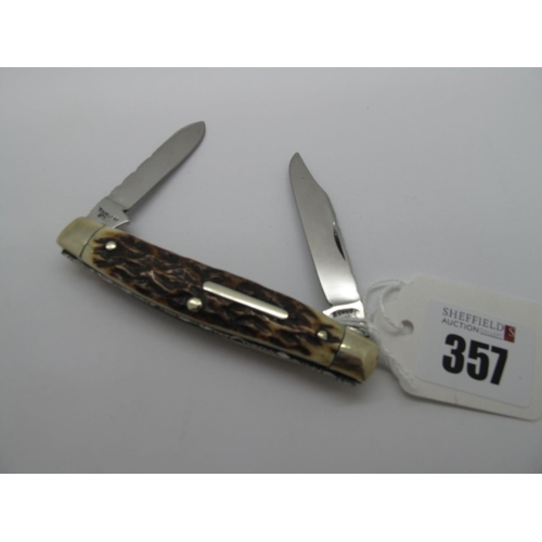 357 - Stan Shaw; A Pocket Knife, with stag scales, comprising two blades (5.5cm and 4.5cm), nickel silver ... 