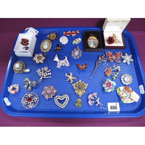 406 - Costume Brooches, including bagpipes, cameo style, embroidered oval panel pendant, poppy brooch, etc... 