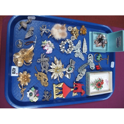 420 - Assorted Costume Brooches, including Crown Derby flowers, marcasite, carriage with articulated wheel... 