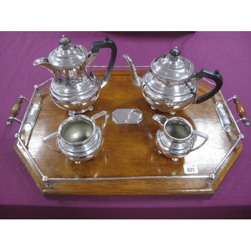 421 - A Walker & Hall Plated Four Piece Tea Set, each of plain circular form with textured band detail, ra... 