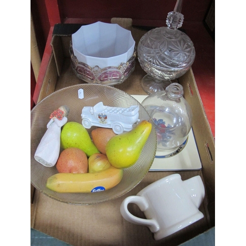 1030 - A XIX Century glass fly catcher,  other glassware, Faux fruit, Biarritz plate, etc