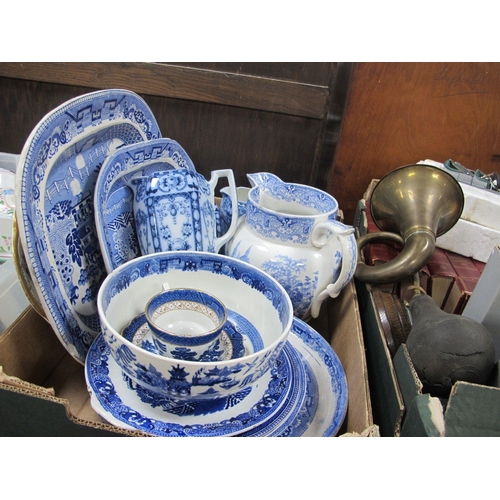 1062 - Campania Wash Jug, Willow pattern meat plates, Wedgwood bowl, three 'Tyne' jugs, other blue and whit... 