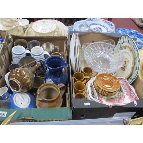 1092 - Pewter Tankars, Masons Chartreuse Ironstone meat plate, pressed glass bowl:- Two Boxes.