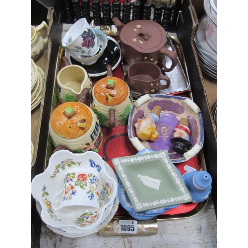 1095 - Cottage Ware, Tea Set, Aynsley and Wedgwood trinkets, Noritake bowl, Oriental tea pot etc:- One Tray... 