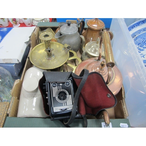 1111 - XIX Century Coper Kettle, brass trivet, XIX Century brass chamberstick, bed warmer, etc :- One Box