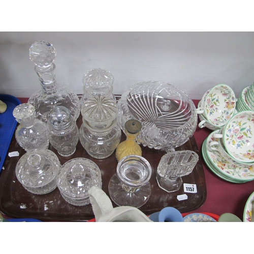 1157 - Stuart Cut Glass Decanter, Waterford candle holder, toothpick holder and other cut glassware :- One ... 