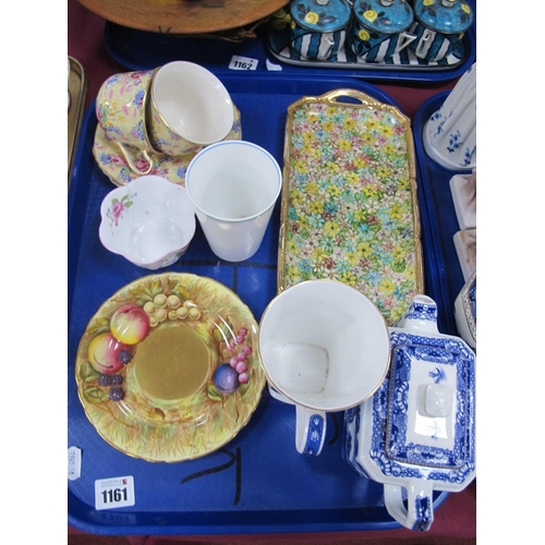 1161 - A Pair of Royal Winton Grimwades Welbeck Cup-Saucers, Ringtons blue-white tea pot, mug:- One Tray.