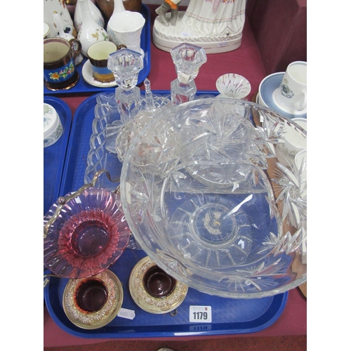 1179 - A Cranberry Glass Dish, in plated wire stand, a pair of ruby glass salts, in plated stand, Irena ped... 