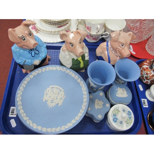 1181 - Wedgwood Powder Blue Jasperware, three Wade piggy banks :- One Tray