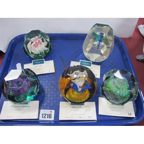 1216 - Caithness Limited Edition Paperweights, of 75 - 'Ring of Fire', 'Fountain of Desire', and 'Millenniu... 