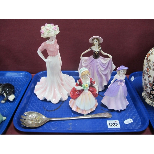 1232 - Coalport Figurines 'Liz' and 'Violet', Royal Doulton Valerie, and one other figurine, etc :- One Tra... 